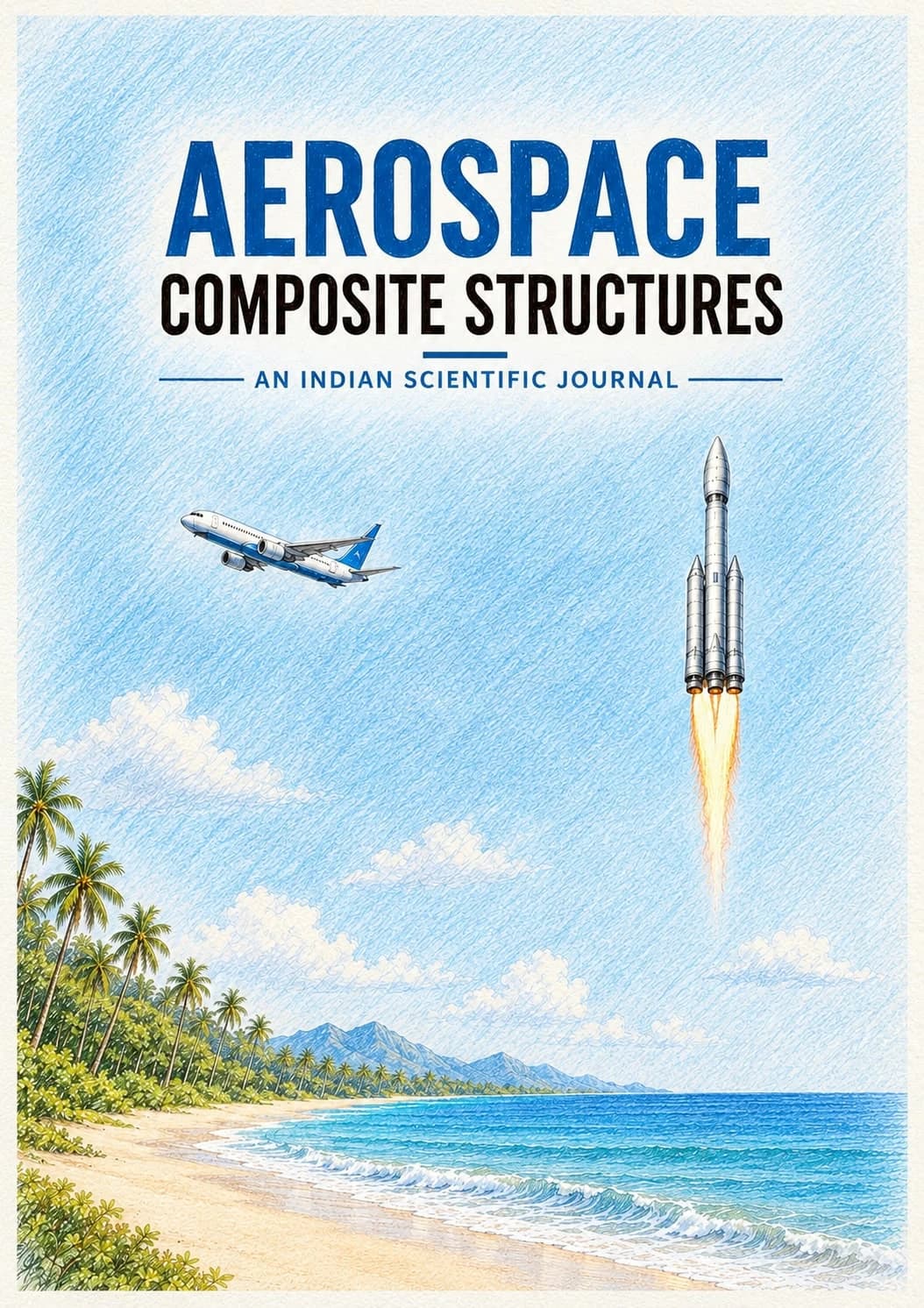 Journal cover: Aerospace Composite Structures, an Indian scientific journal, showing an aircraft and a launch vehicle climbing over a tropical coastline.